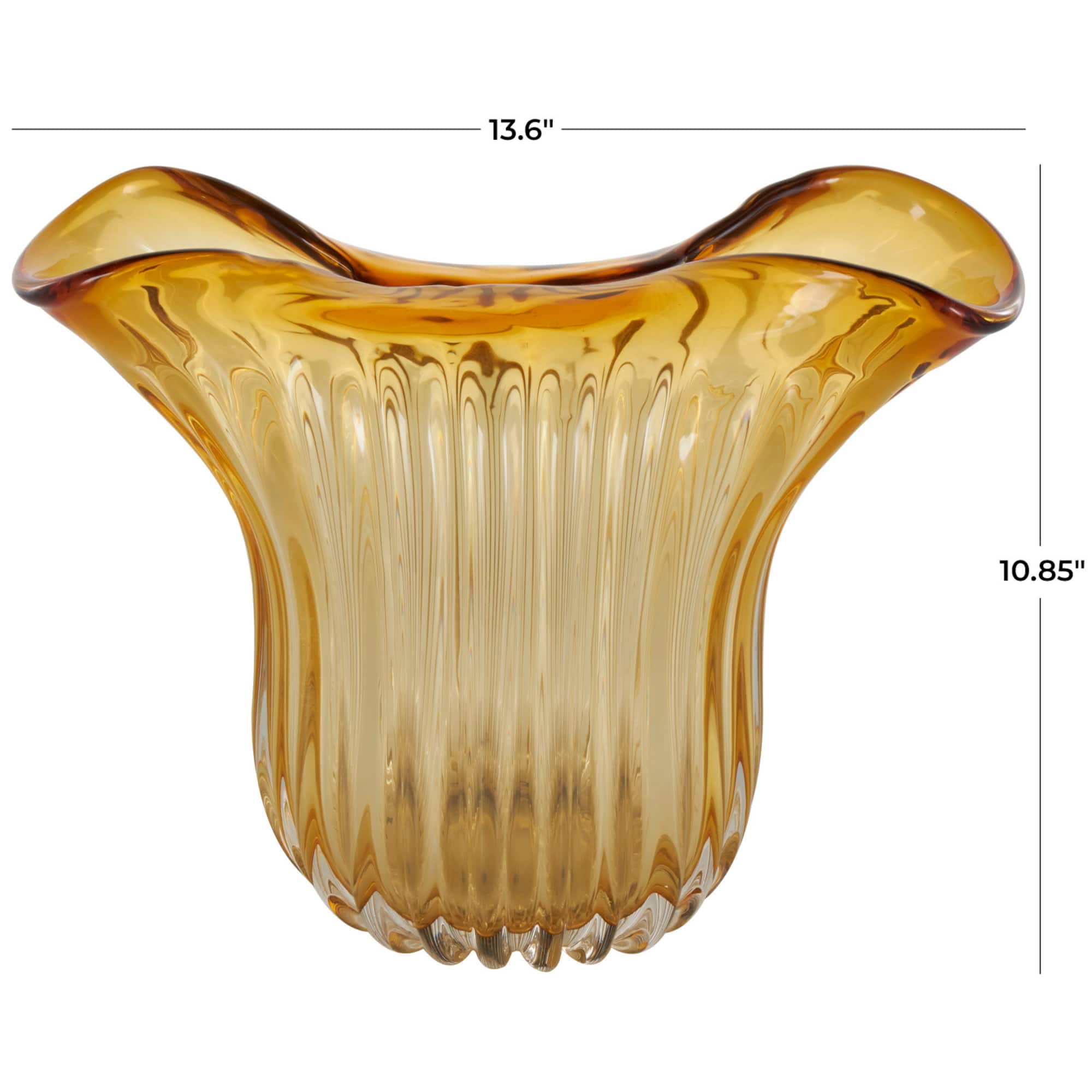 14" Orange Glass Ribbed Ombre Vase with Folded Curve Opening